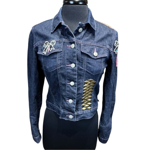 Vintage Polo Jeans Co “Stay Gold”  Embellished Cropped Denim Jacket Size S - Picture 2 of 8